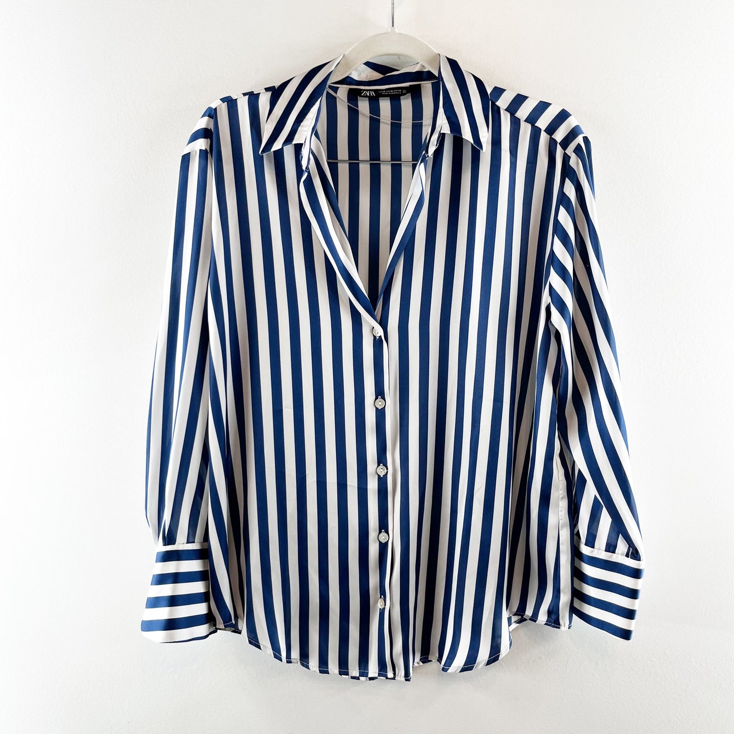 Zara Striped Print Long Sleeve Collared Button-Up Shirt Navy Blue White Medium