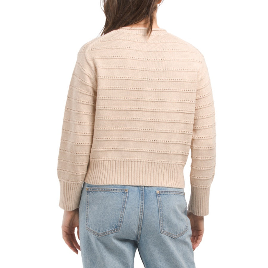 BRIT NY Long Sleeve Pointelle Neck Rib Knit Pullover Sweater Oatmeal Medium