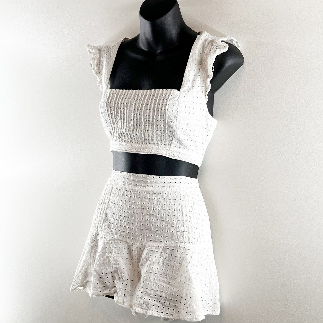 MINKPINK Celestial Eyelet Square Neck Crop Top & Flounce Short Set White M / L