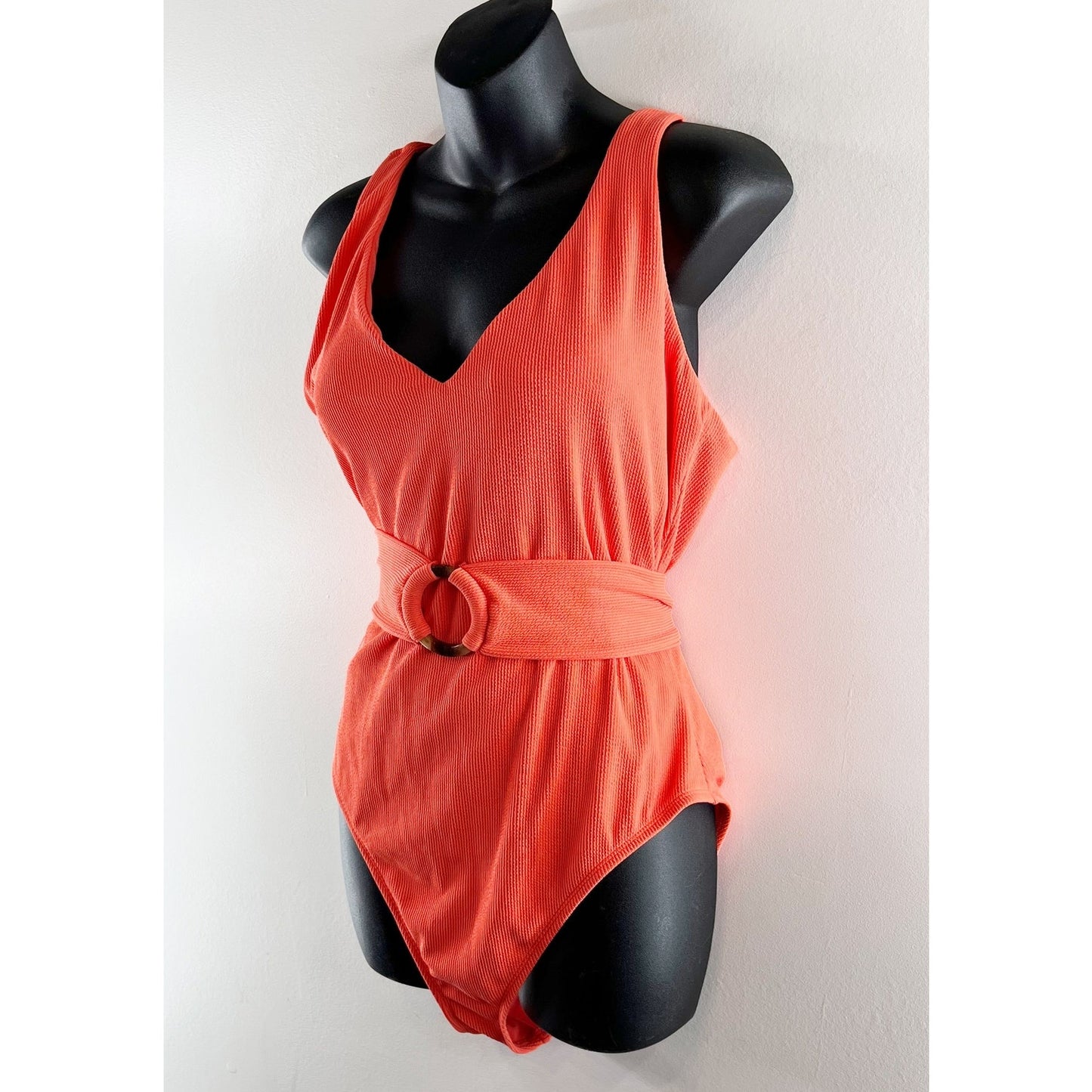 Jessica Simpson V Neck Ribbed One Piece Belted Swimsuit Orange XL