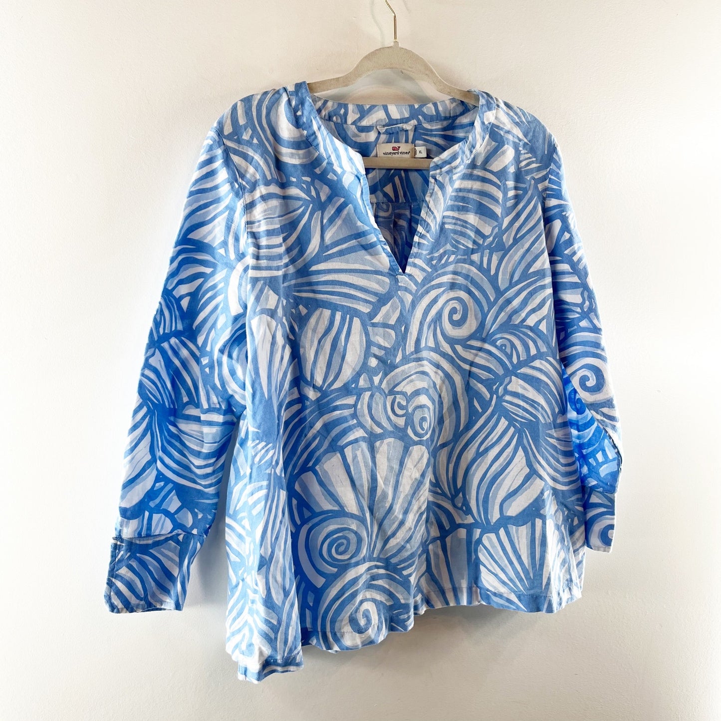 Vineyard Vines Blue and White Nautilus Shell Print Linen Blend Tunic Top XL