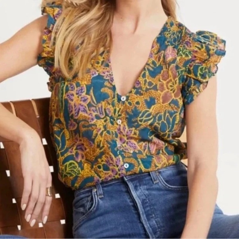 Cleobella Floral Button Up Cotton Chloe Shirt Top Blouse Green Yellow Medium