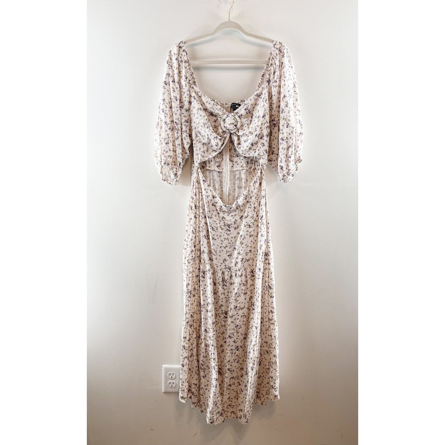 MINKPINK Hailey Floral Puff Sleeve Cutout Midi Dress Off-White Purple XL