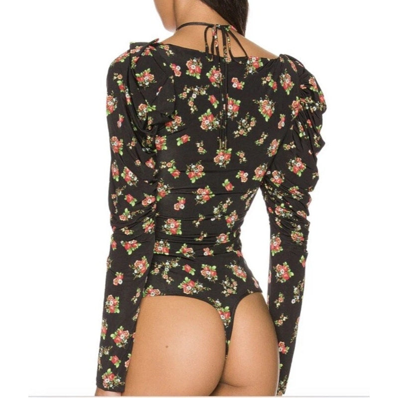AFRM Coppelia Halter Neck Thong Bodysuit Noir Rose Garden Small