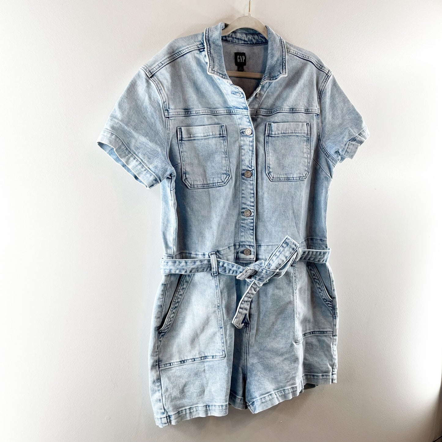 GAP Short Sleeve Tie Waist Denim Romper Light Indigo Wash Blue 20