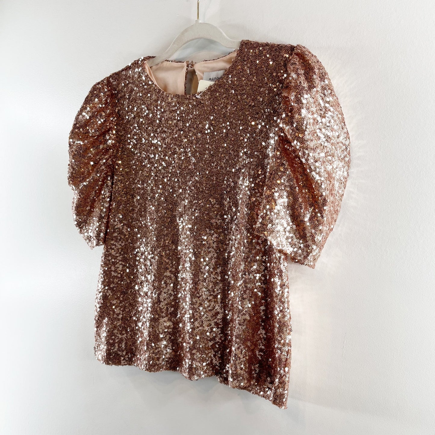 Allison Joy Evereve Adele Puff Short Sleeve Sequin Tee Shirt Top Gold XS