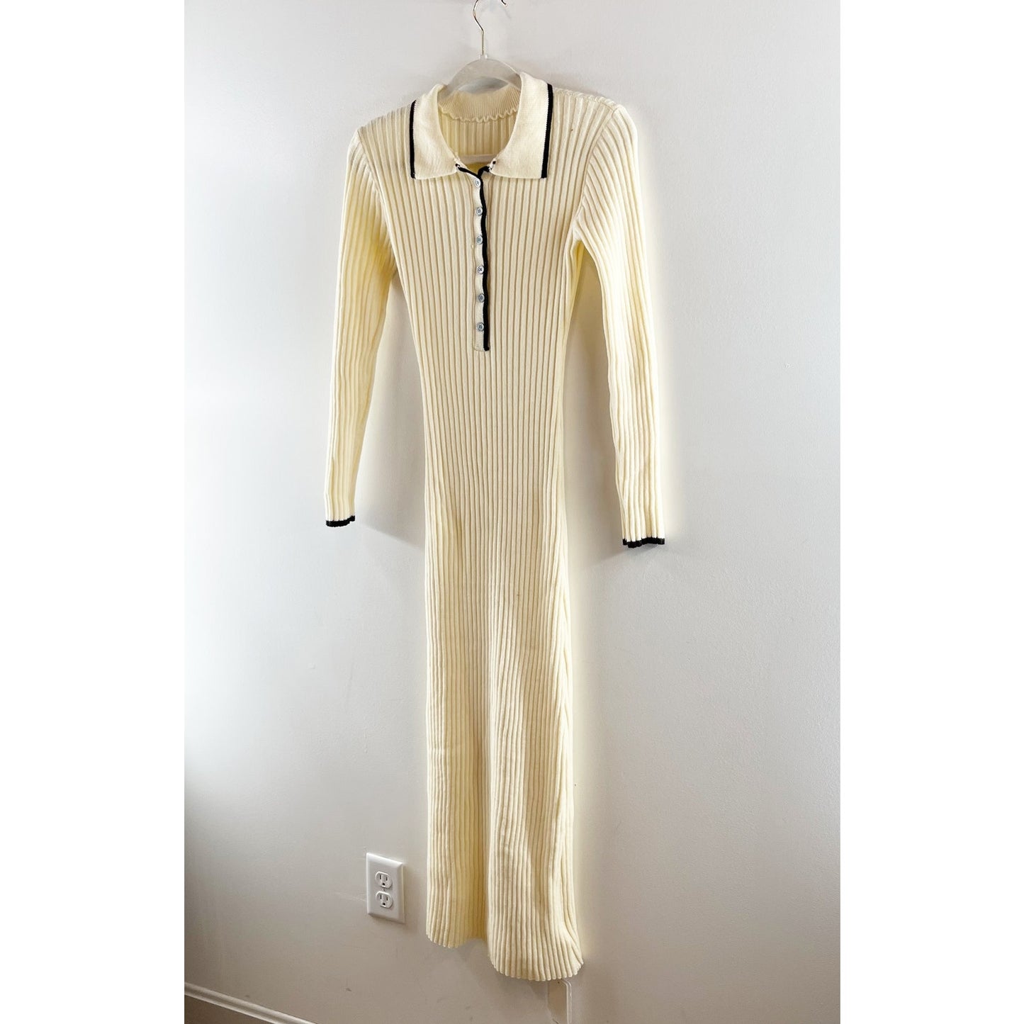 Commense Long Sleeve Collared Ribbed Bodycon Maxi Sweater Dress Cream XS
