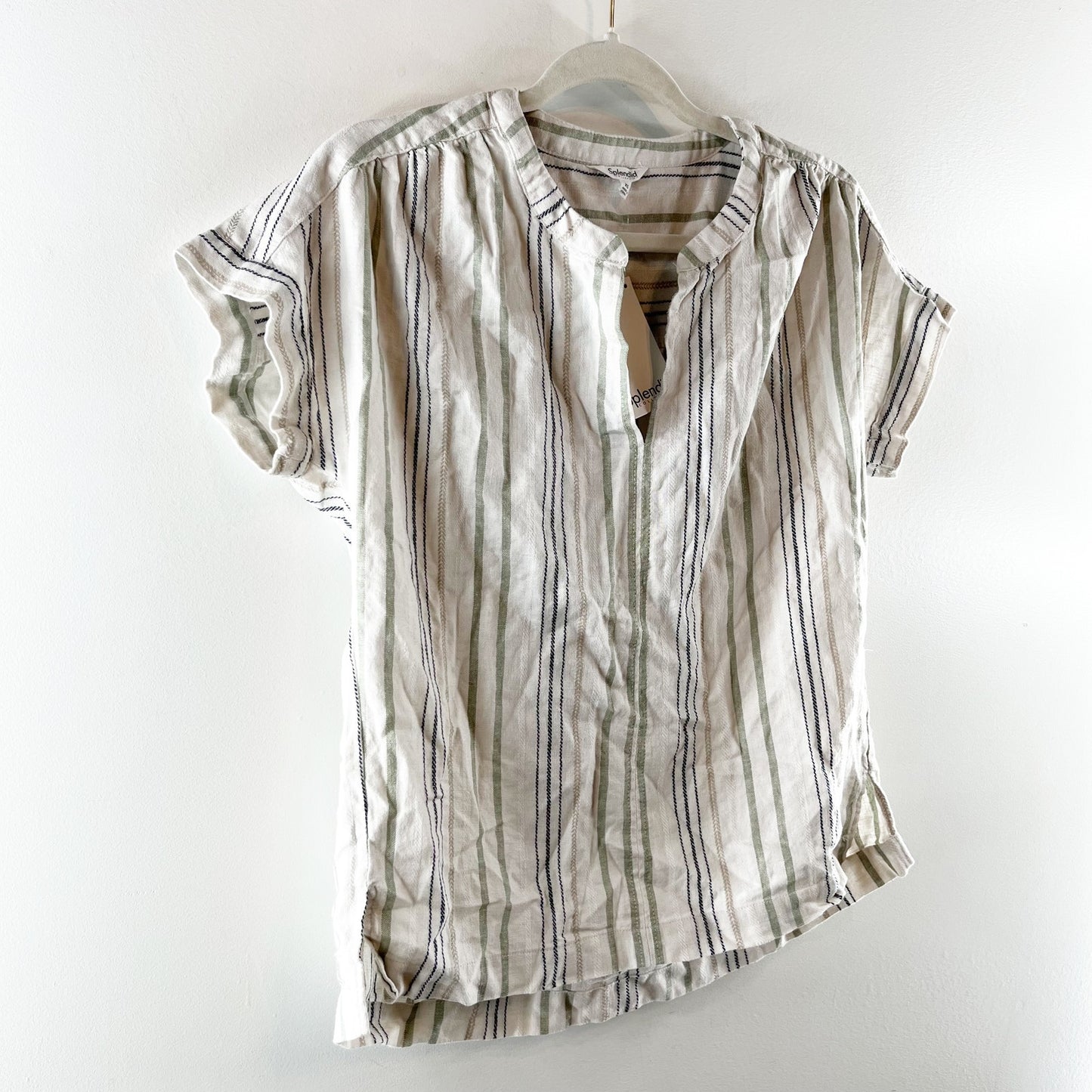 Splendid Short Sleeve Linen Blend Striped Basic Tee Shirt Top Blouse Tan XS