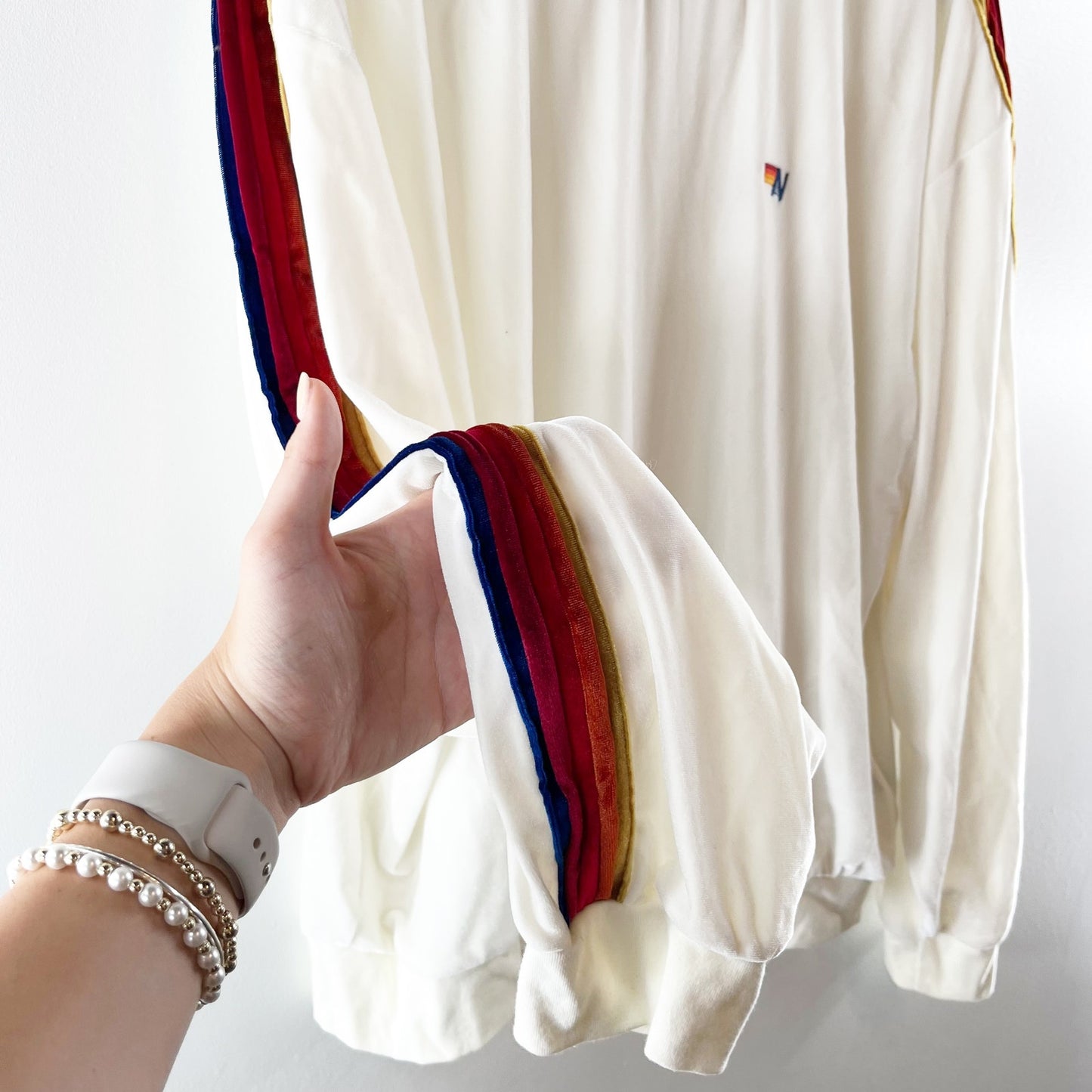Aviator Nation Crewneck Stripe Velvet Velour Pullover Sweatshirt White Large