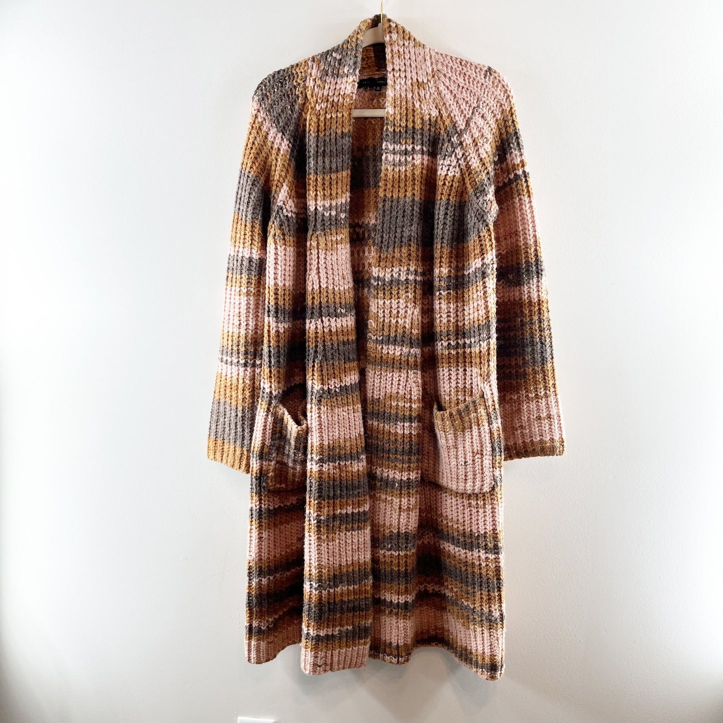 Skull Cashmere Open Striped Chunky Duster Cardigan Sweater Brown Pink Medium