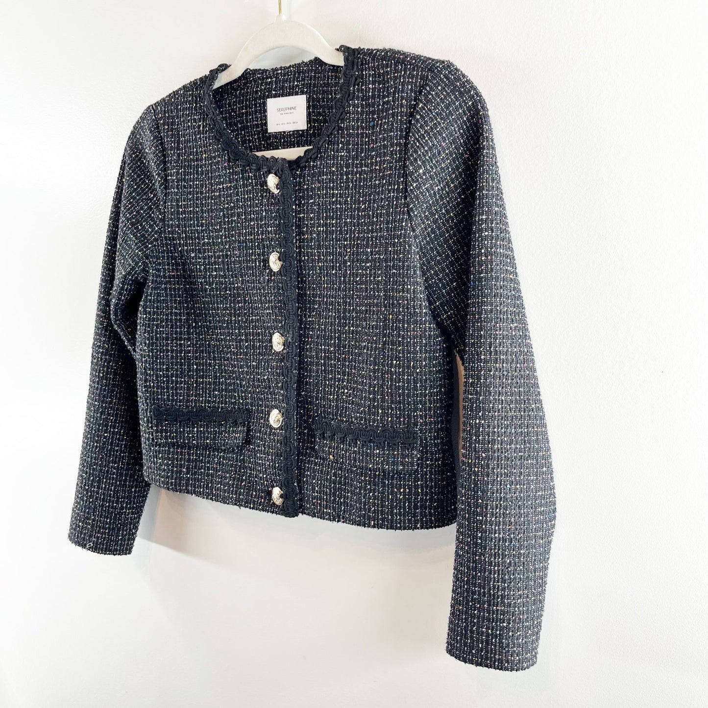 Seraphine Long Sleeve Tweed Cropped Blazer Jacket Black 2