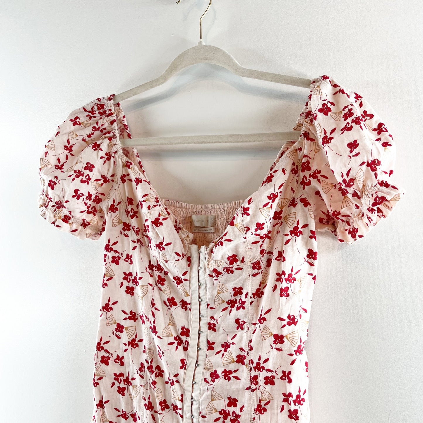 Urban Outfitters Britney Hook & Eye Puff Short Sleeve Mini Dress White Red Small