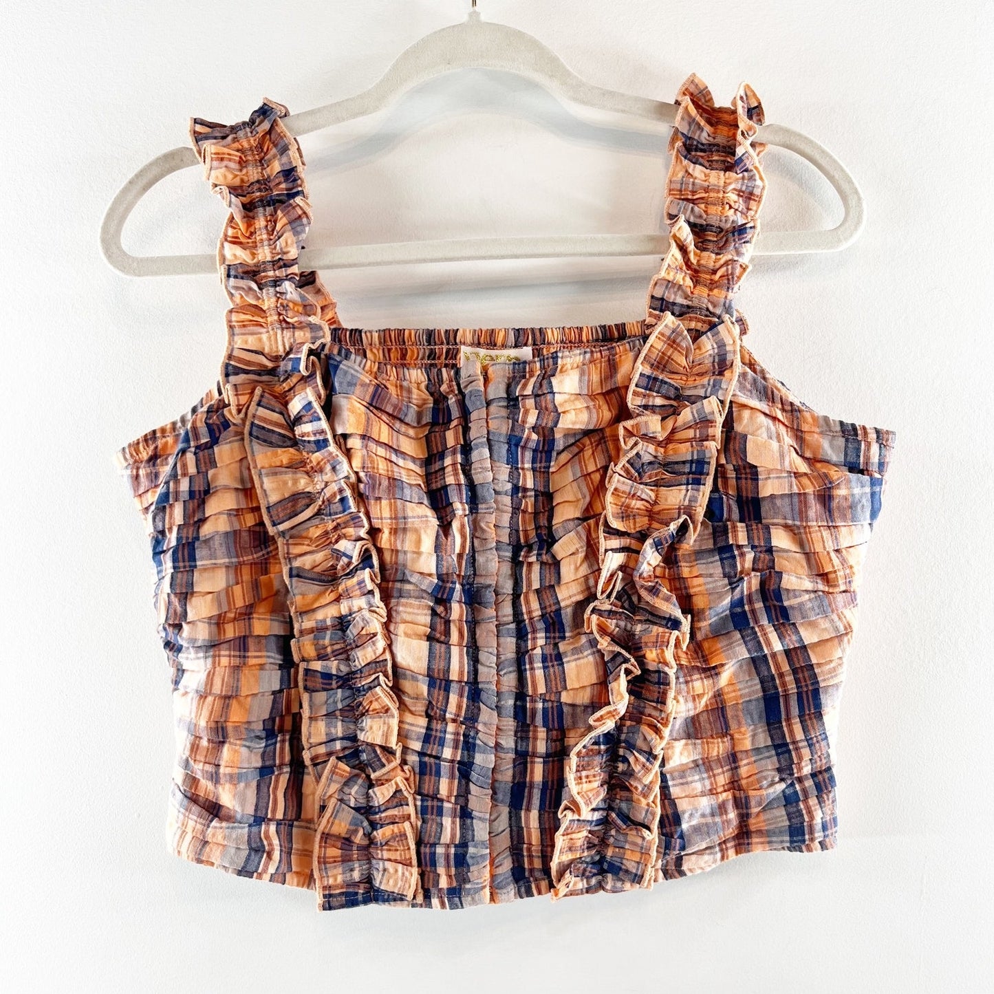 Verb Anthropologie Square Neck Ruffle Plaid Crop Tank Top Orange Blue Medium