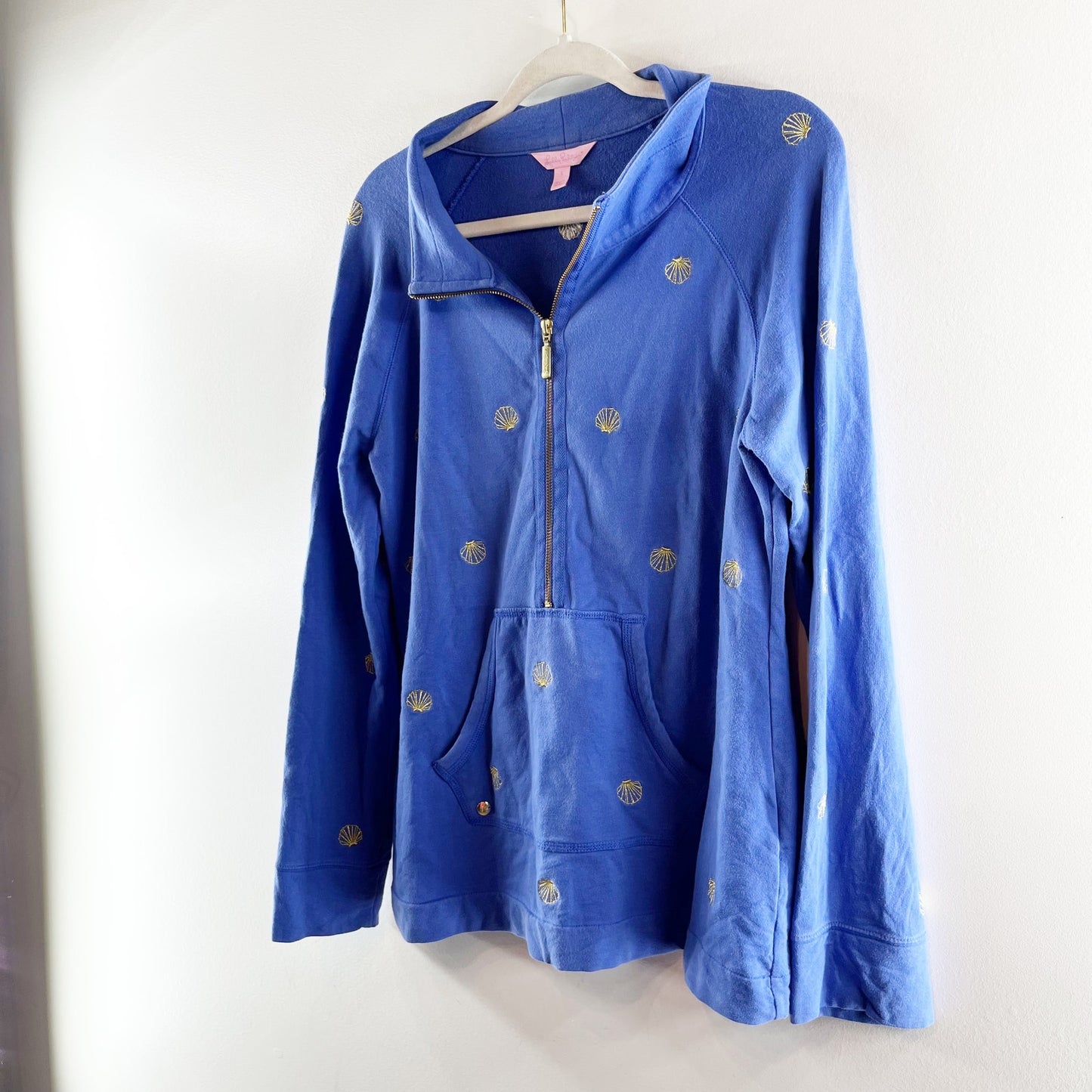 Lilly Pulitzer Skipper 1/2 Zip Seashell Embroidered Popover Sweatshirt Blue L