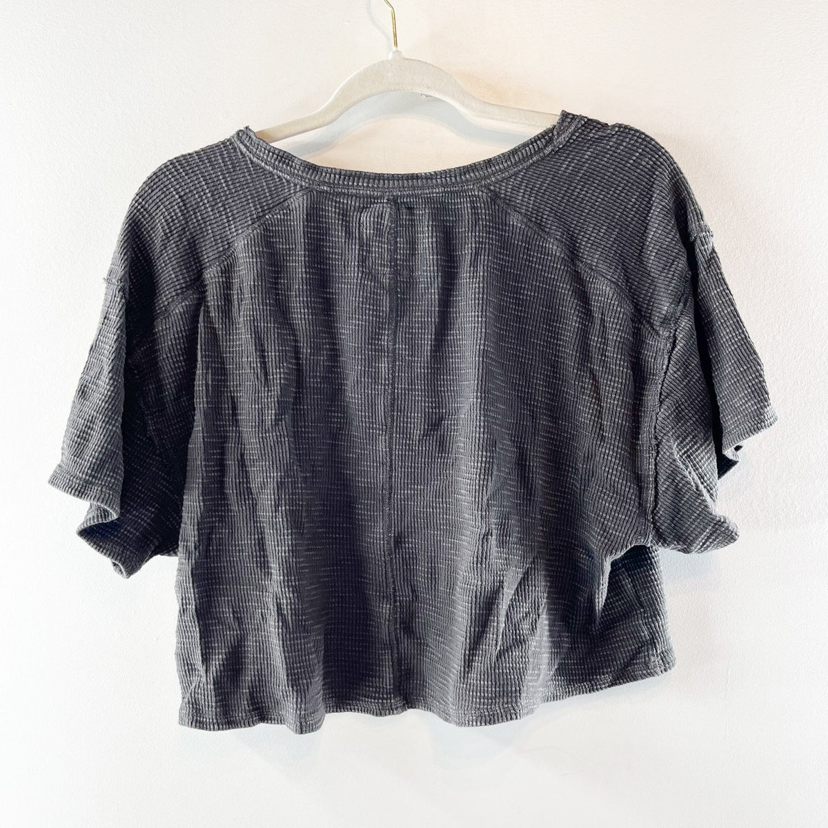 Aerie Cropped Short Sleeve Waffle Thermal Tee Shirt Black Medium