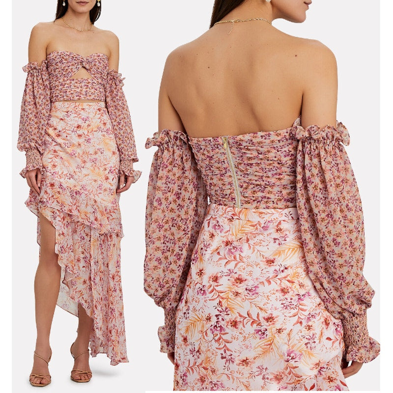 AMUR Hilda Floral Off-The-Shoulder Sweetheart Neck Crop Blouse Top Pink Large