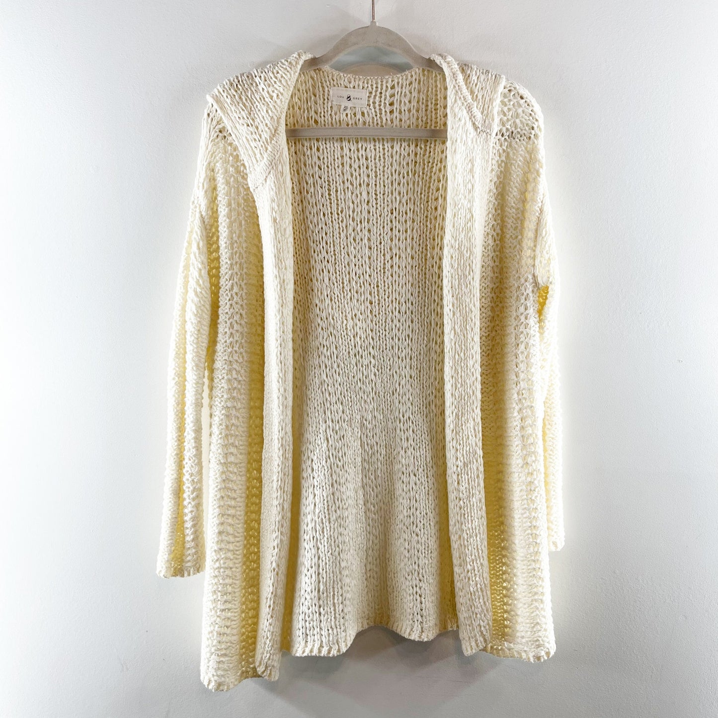 Lou & Gray Long Sleeve Crochet Knit Hooded Duster Cardigan Sweater Cream XS