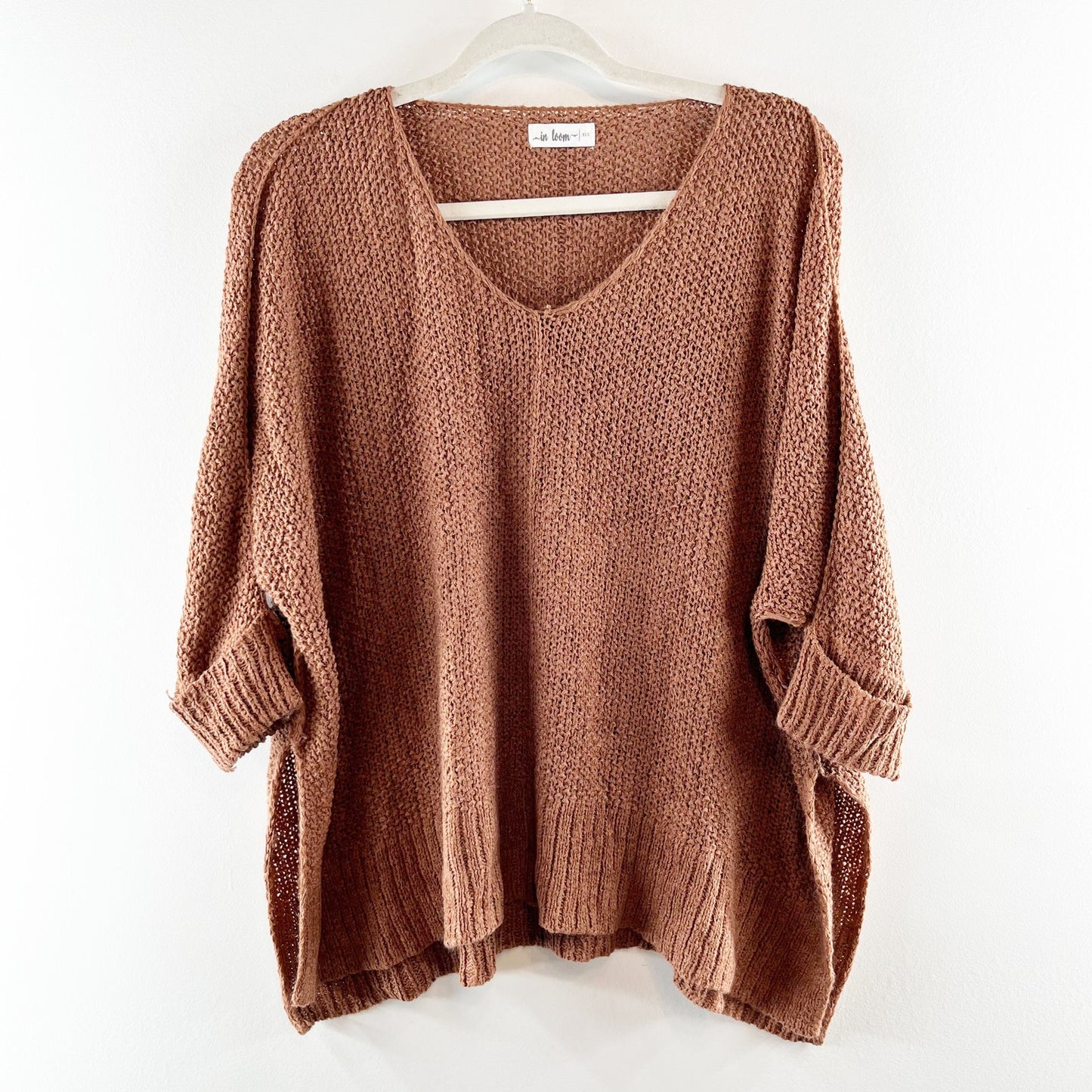 In Loom V Neck Slouchy Crochet 3/4 Cuffed Sleeve Sweater Brown XS / S