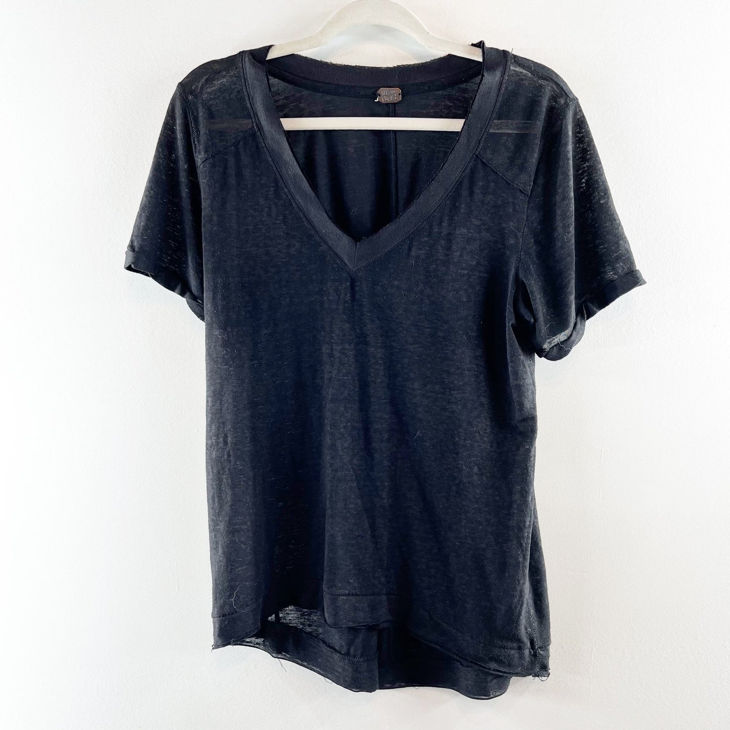 Free People V Neck Short Sleeve Linen Blend T-Shirt Black Small