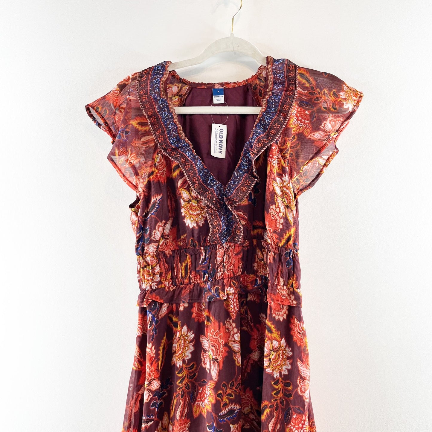 Old Navy Waist Defined Flutter Short Sleeve Floral Midi Dress Rust Red Small