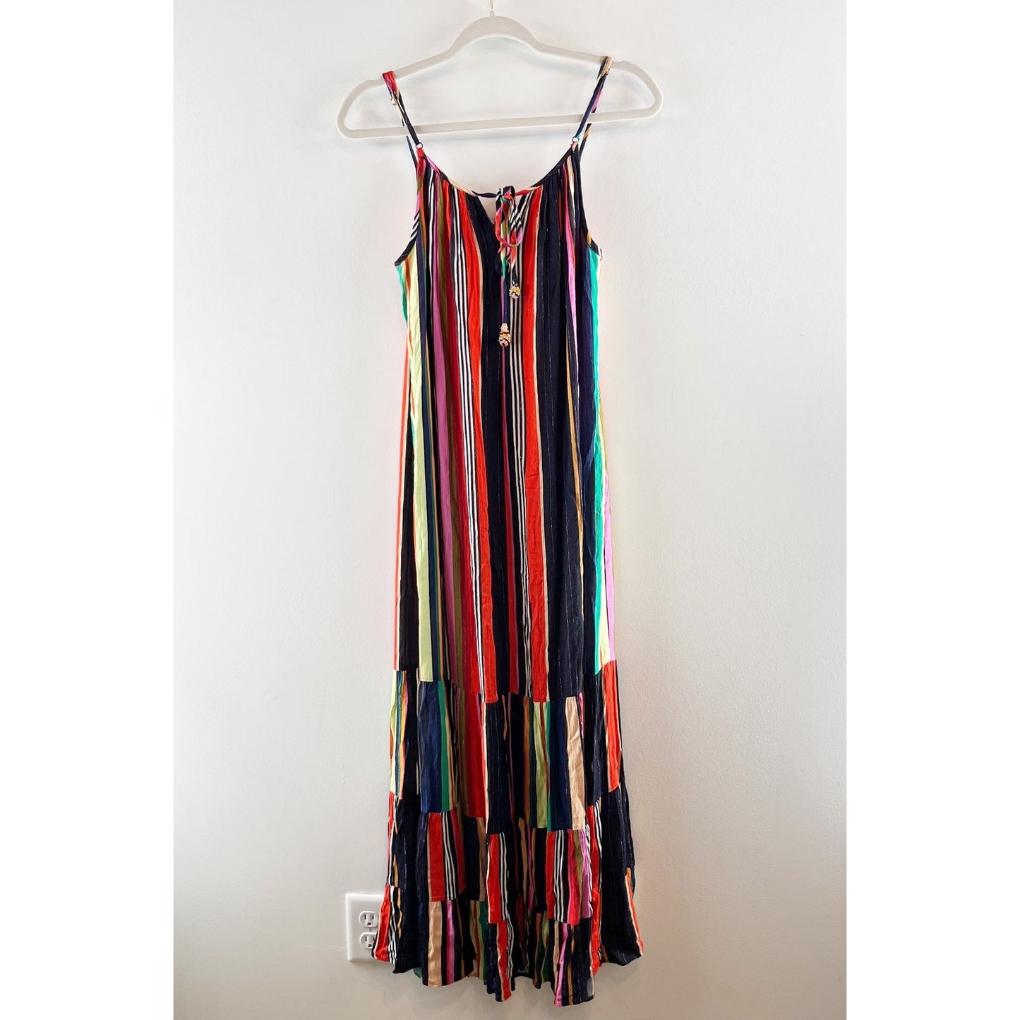 Farm Rio Rainbow Shimmer Striped Sleeveless Tiered Maxi Dress Small