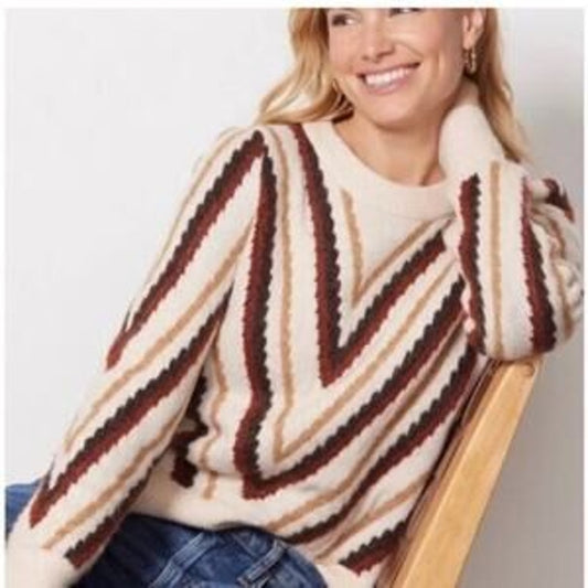 Evereve Long Sleeve Crewneck Chevron Striped Sweater Cream Maroon Medium