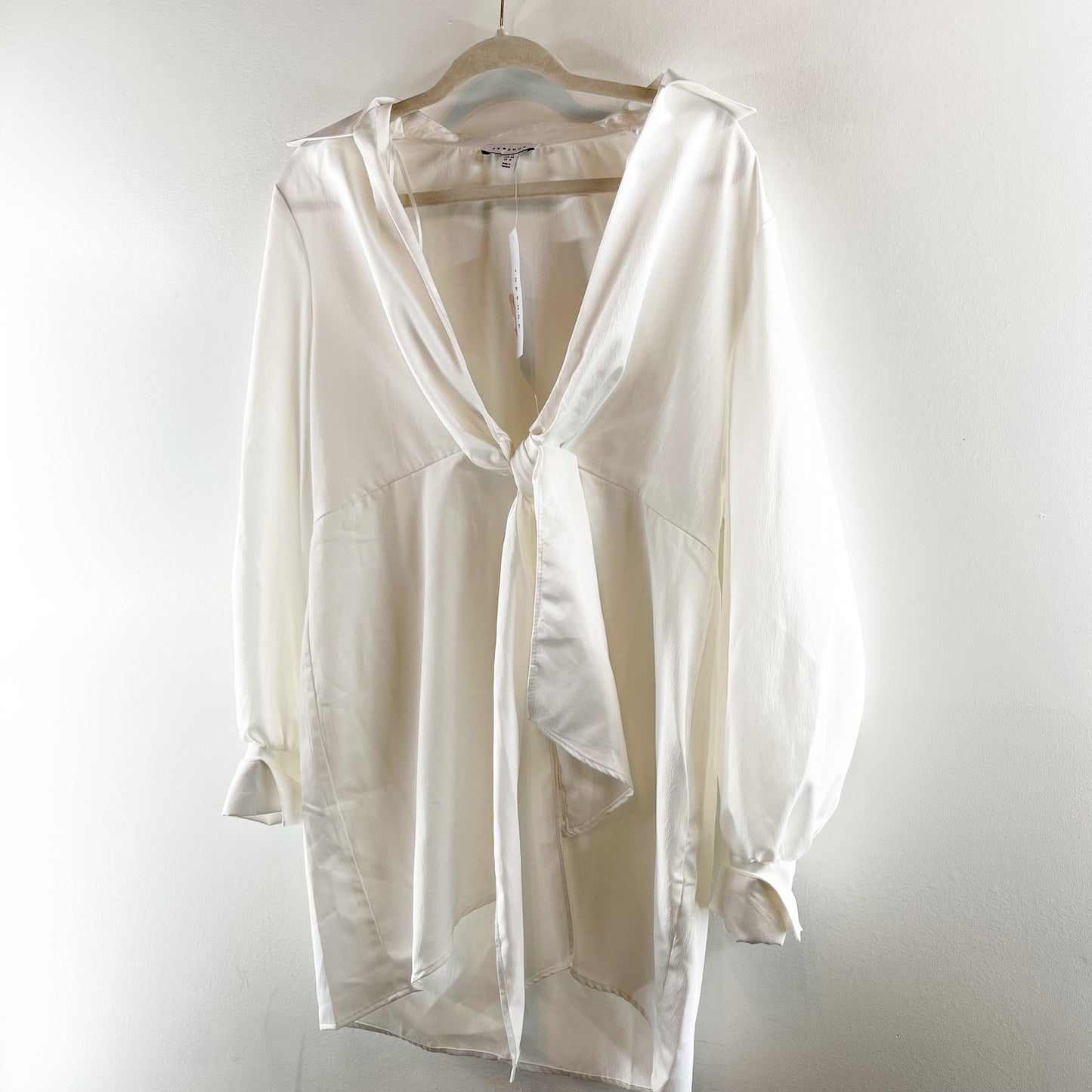 Topshop Long Sleeve Mini Twist Front Satin Shirt Dress White 12