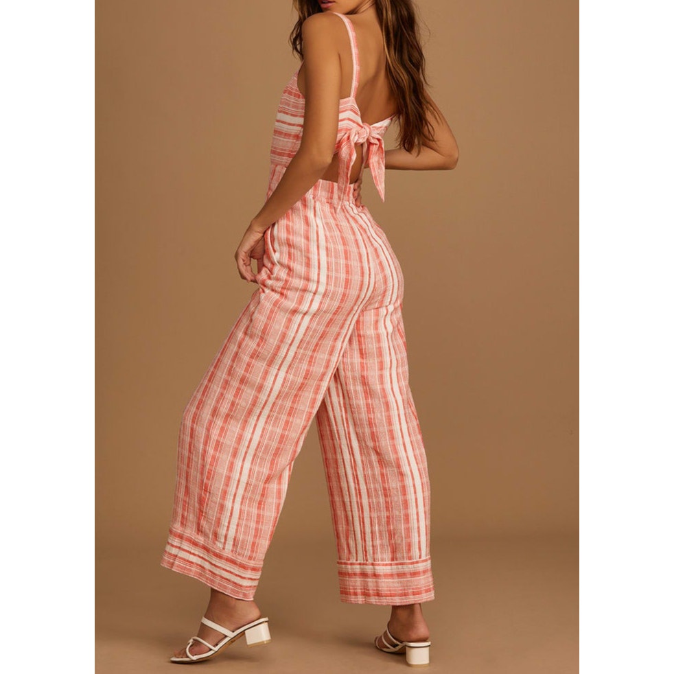 Lulus Sleeveless Coastal Living Red Striped Tie Back Wide Leg Jumpsuit Pink XS