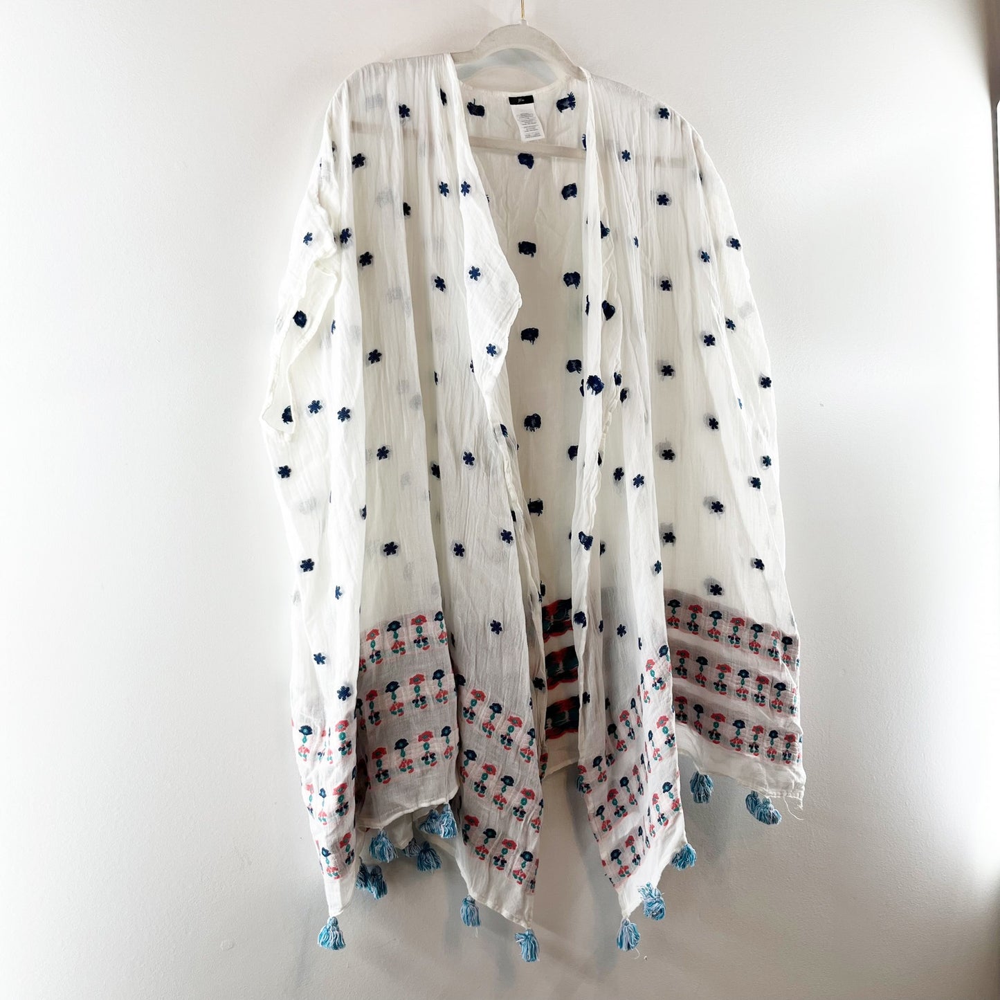 J. Crew Embroidered Tassel Trim Cotton Boho Beach Cover Up Poncho White