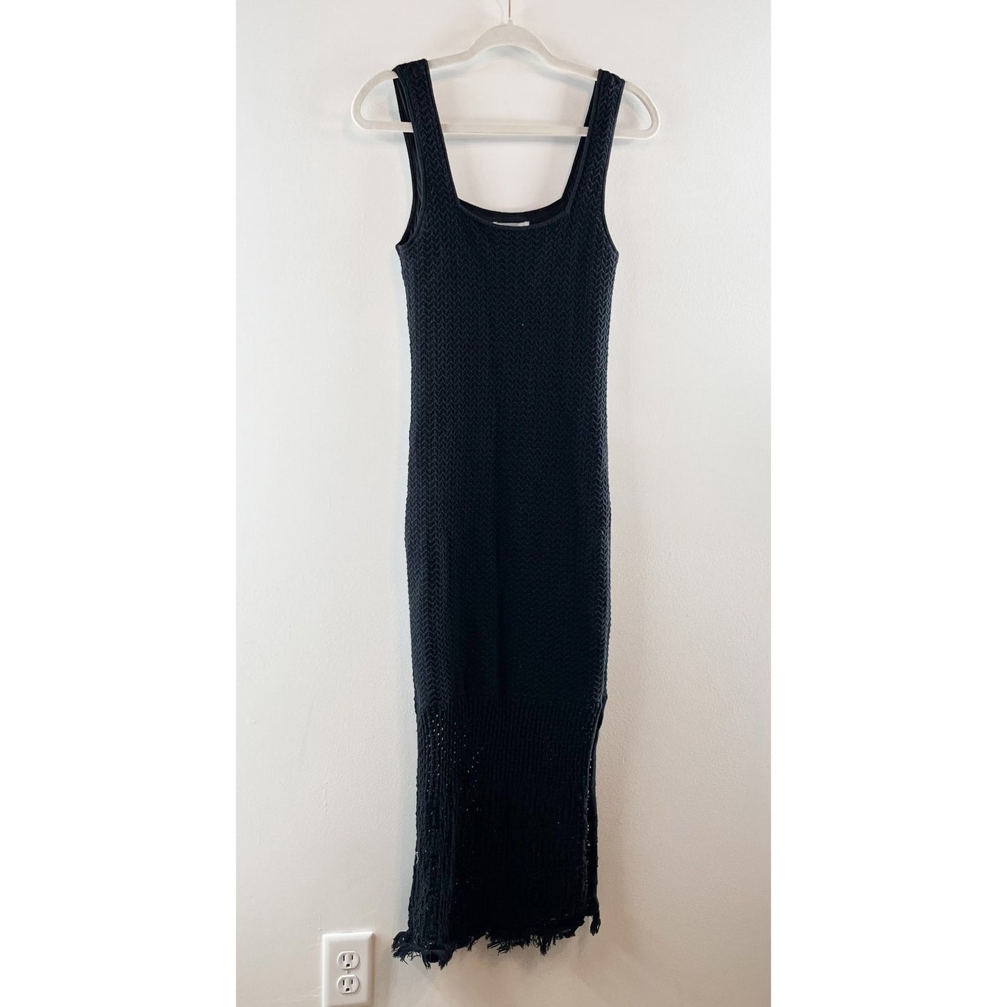 House of Harlow Knit Crochet Fringe Hem Midi Dress Black Small