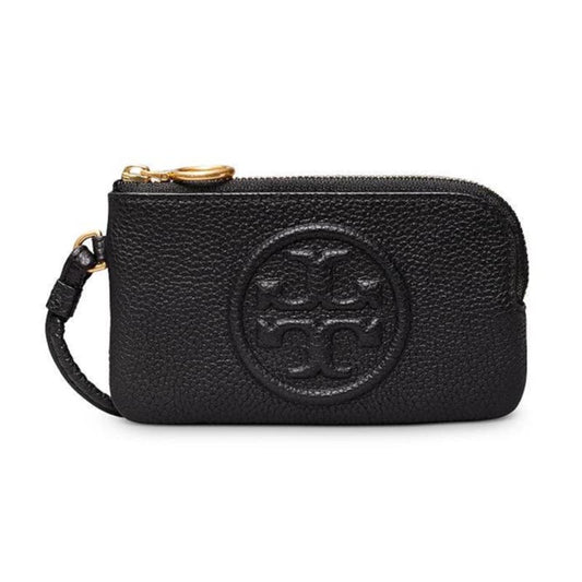 Tory Burch Perry Bombe Pebbled Leather Top Zip Card Case Wristlet Black