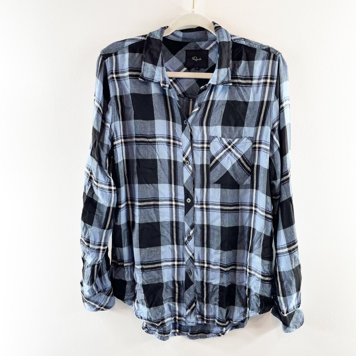 Rails Hunter Long Sleeve Flannel Plaid Button Down Shirt Current Onyx White M
