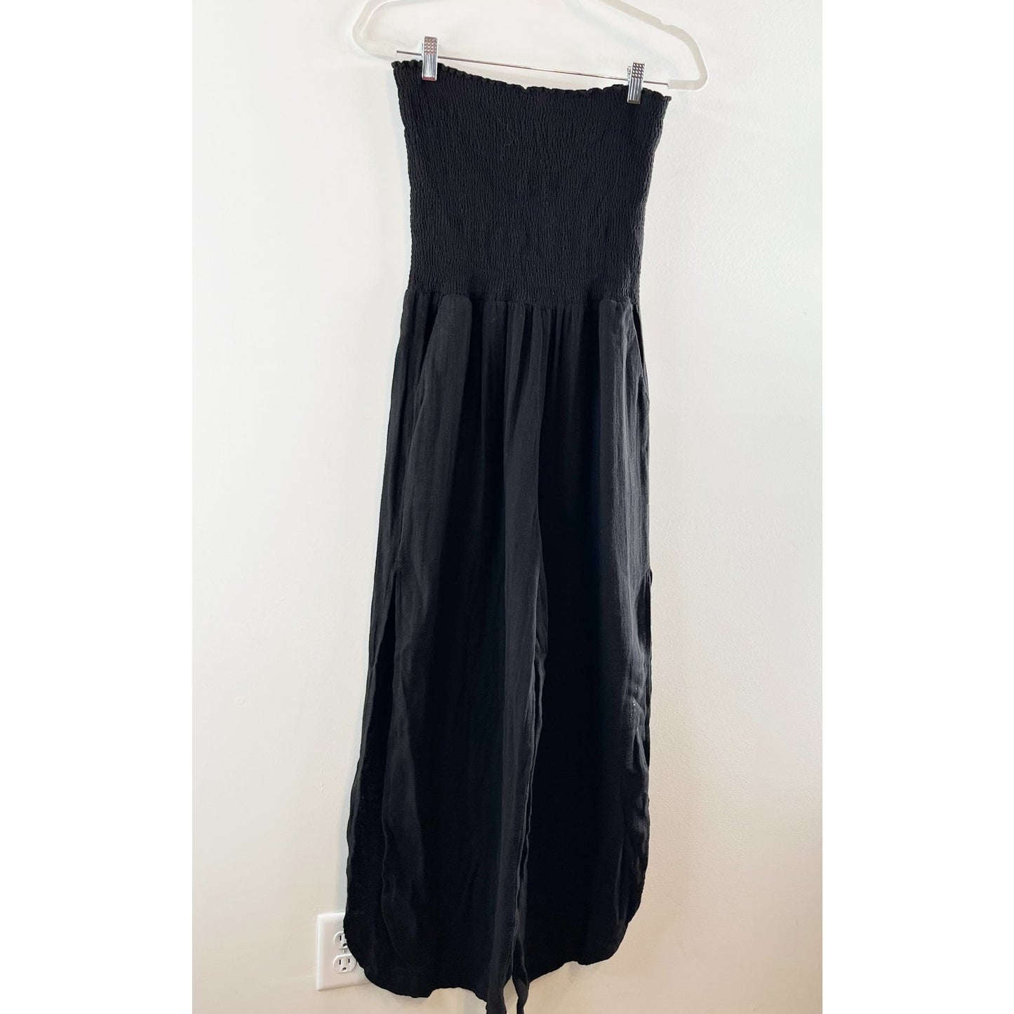 Elan Santorini Strapless Smocked Wide Leg Slit Jumpsuit Black Small