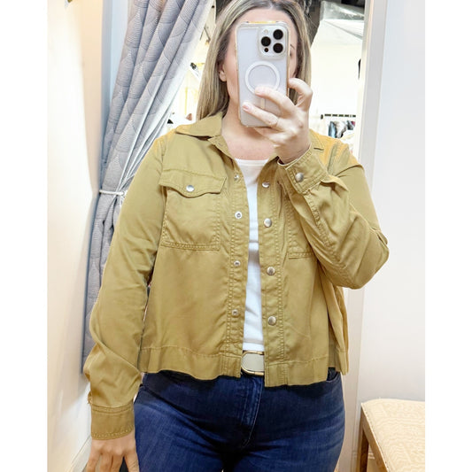 LOFT Snap Button Long Sleeve Boxy Fit Top Shirt Shacket Tan Small