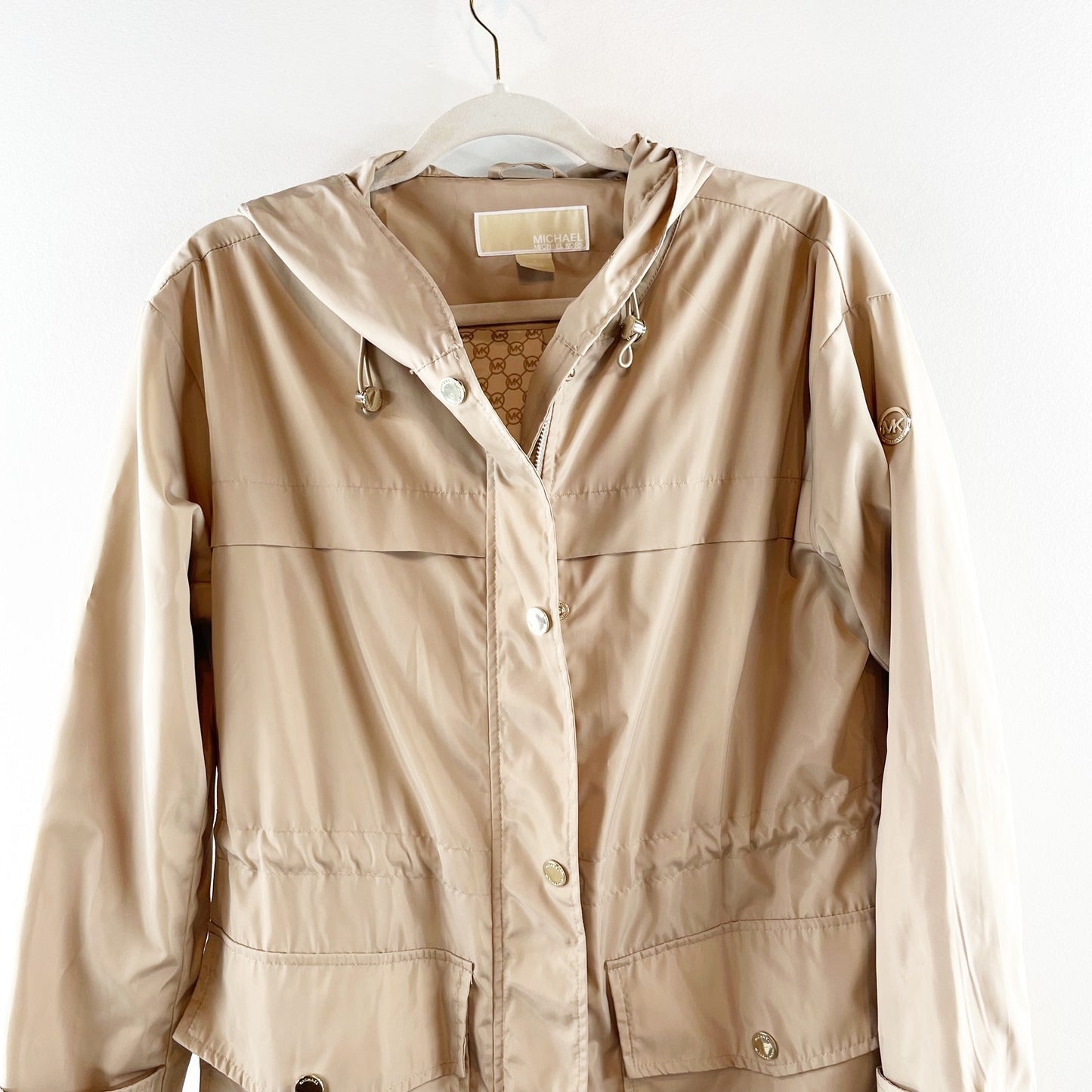 Michael Kors Hooded Longline Utility Trench Raincoat Jacket Tan Small