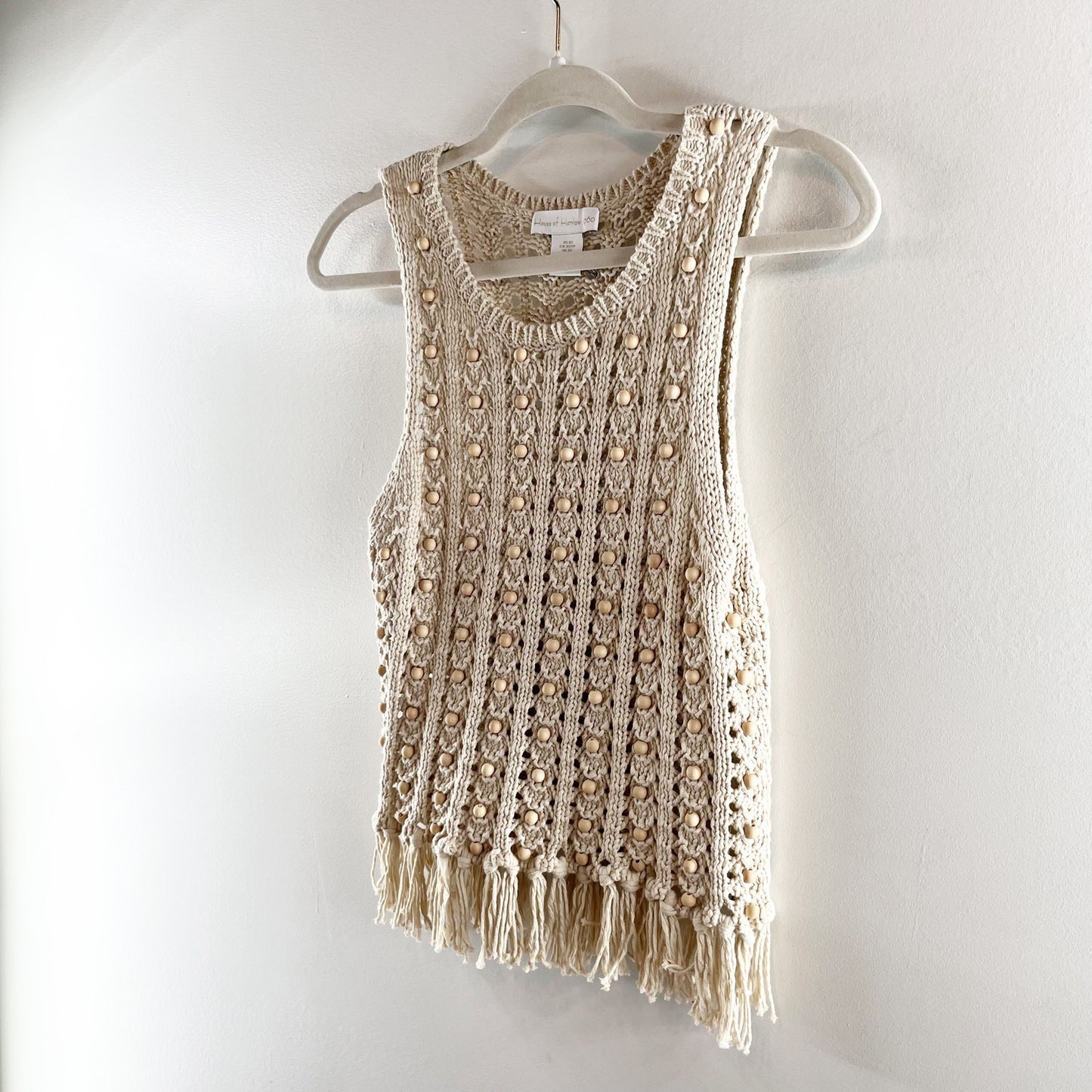 House of Harlow Wood Bead Beaded Fringe Hem Crochet Tank Top Tan XS