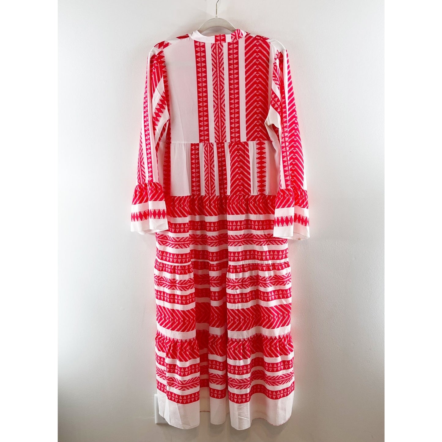 Silk & Salt V Neck Aztec Long Sleeve Midi Dress Red White Medium