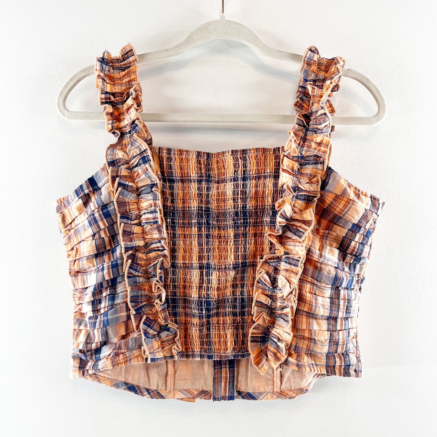 Verb Anthropologie Square Neck Ruffle Plaid Crop Tank Top Orange Blue Medium