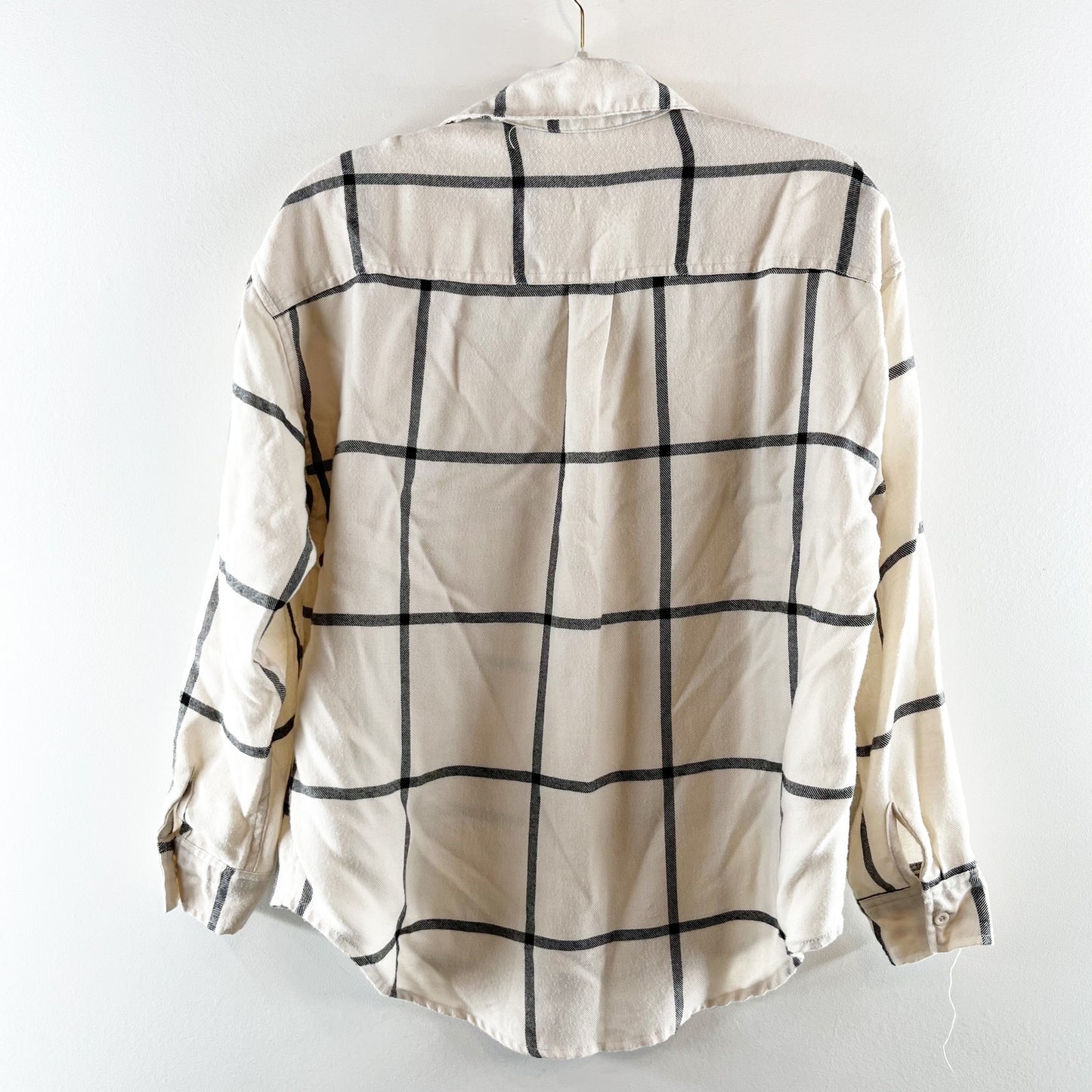 Z Supply River Windowpane Long Sleeve Pocket Button Up Shirt Cream Black Small