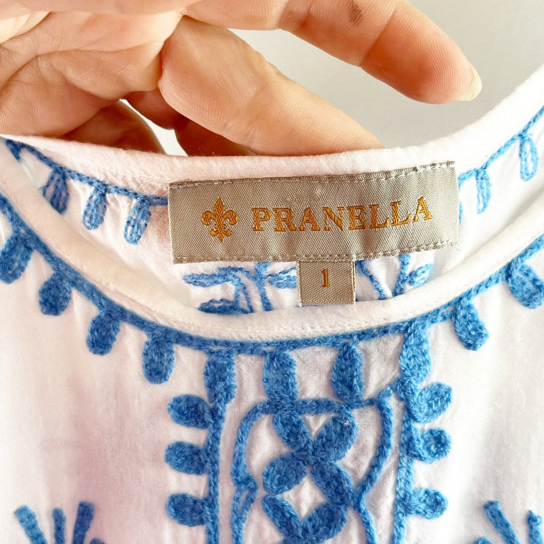Pranella Tie Strap Embroidered Swim Mini Cover Up Dress White Blue Small
