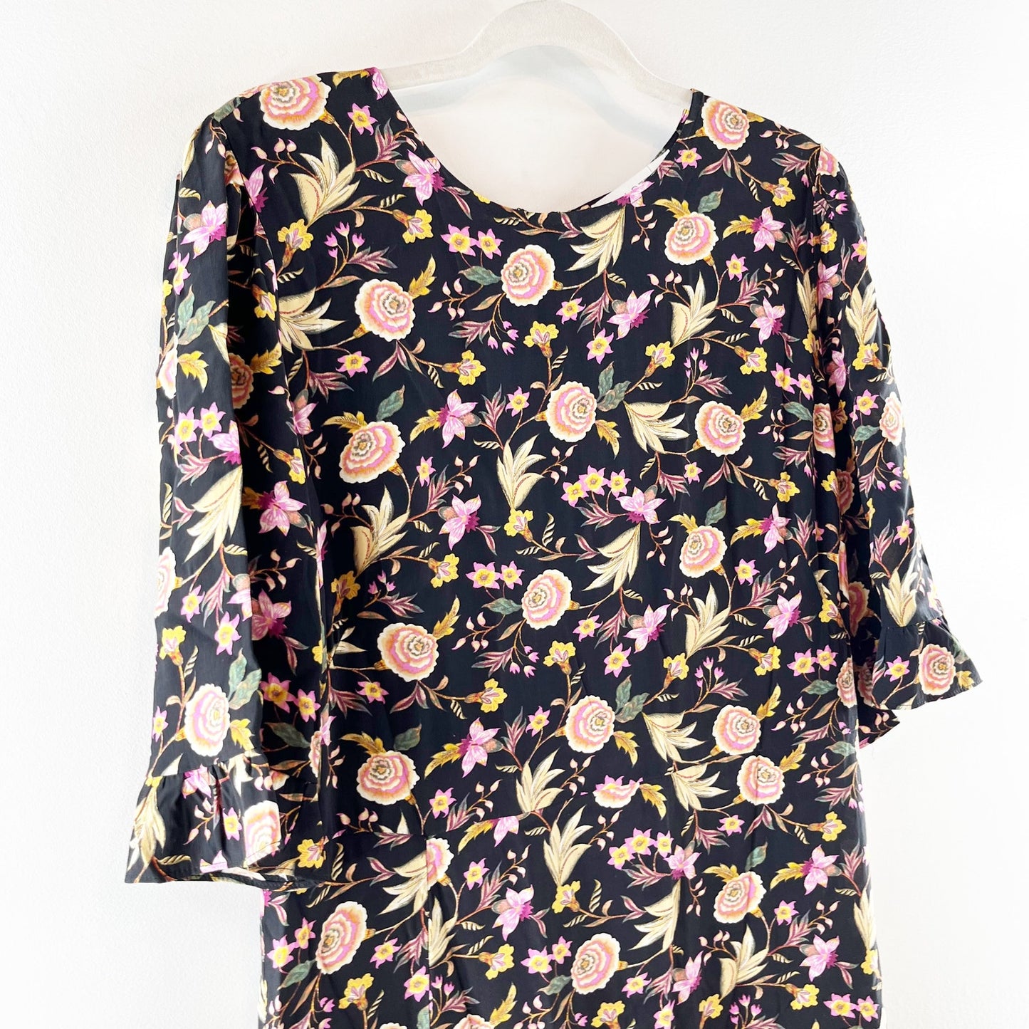 LOFT Floral Print Ruffle Sleeve Side Slit Viscose Shift Midi Dress Black 12