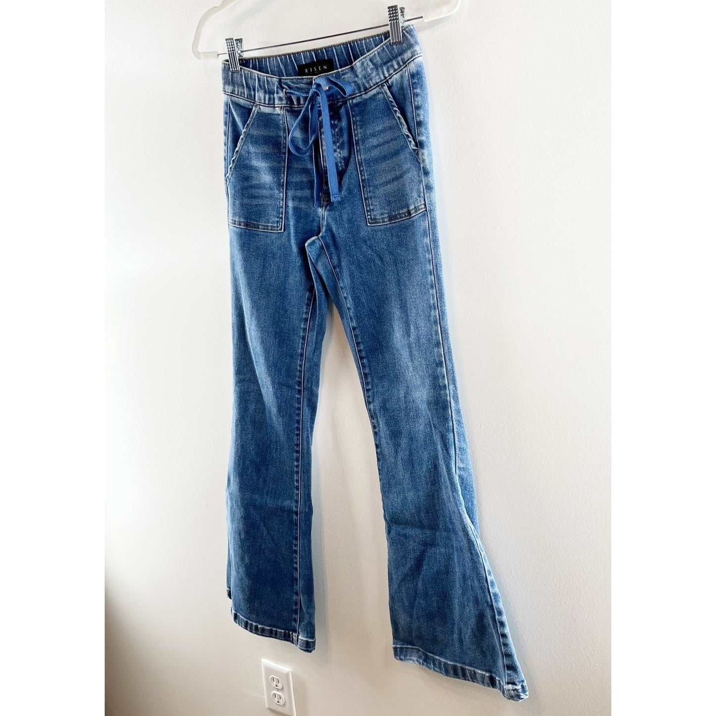 Risen Denim Mid Rise Flare Jeans With Drawstring and Front Pockets Blue 5 / 27