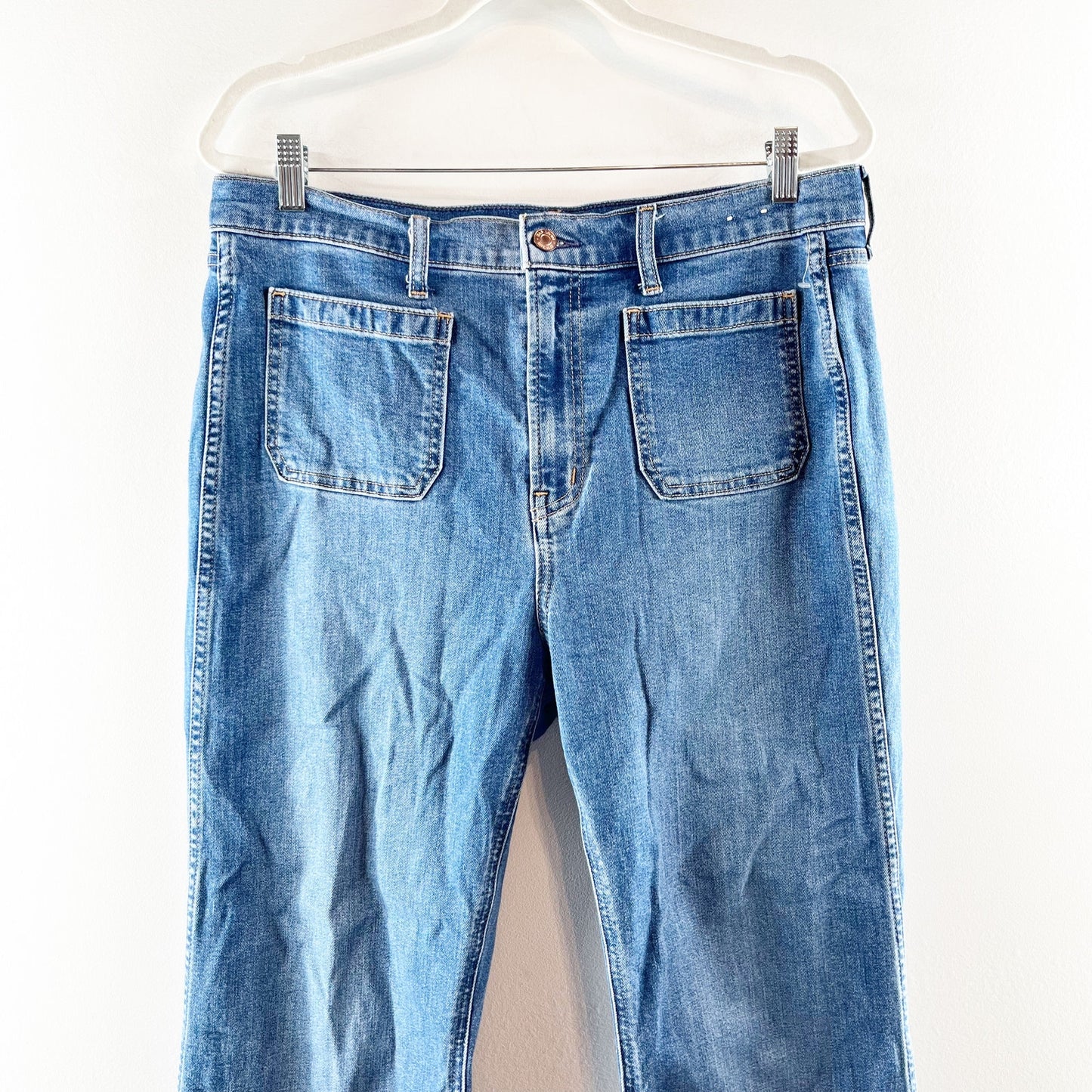 GAP High Rise 70's Flare Patch Pocket Jeans Blue 14 Petite