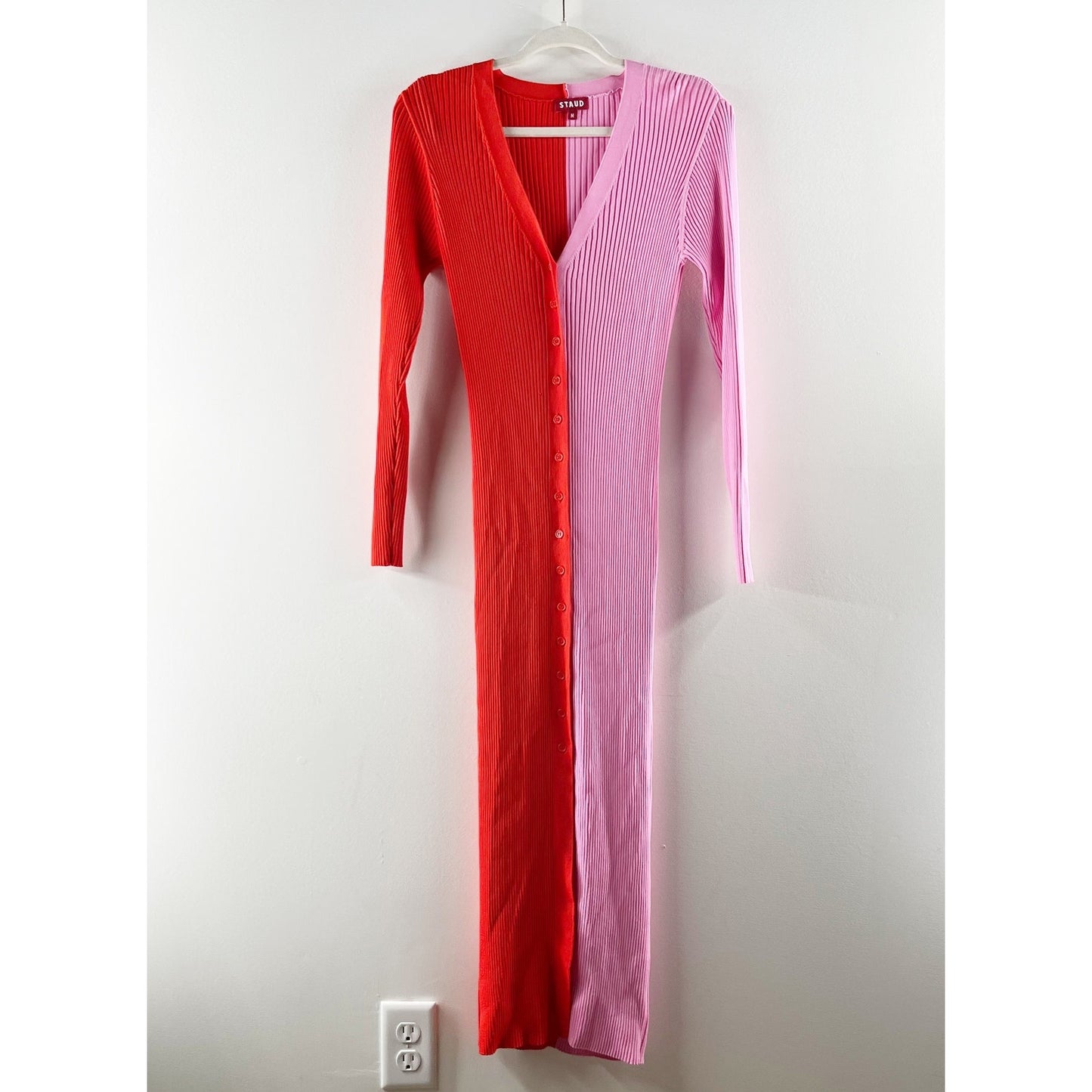 STAUD Long Sleeve Ribbed Shoko Colorblock Midi Sweater Dress Pink Red Medium