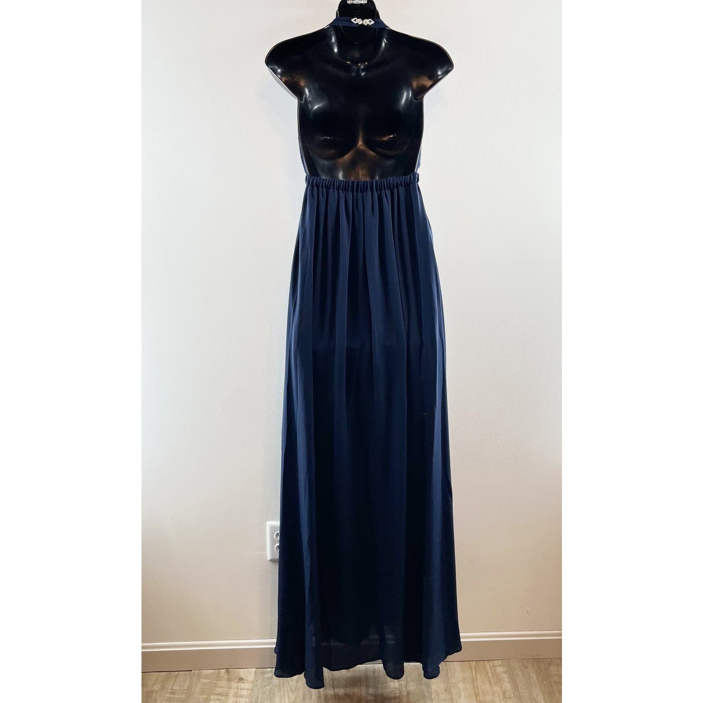 Show Me Your Mumu Plunge V Neck Halter Lined Maxi Gown Dress Navy Blue Medium