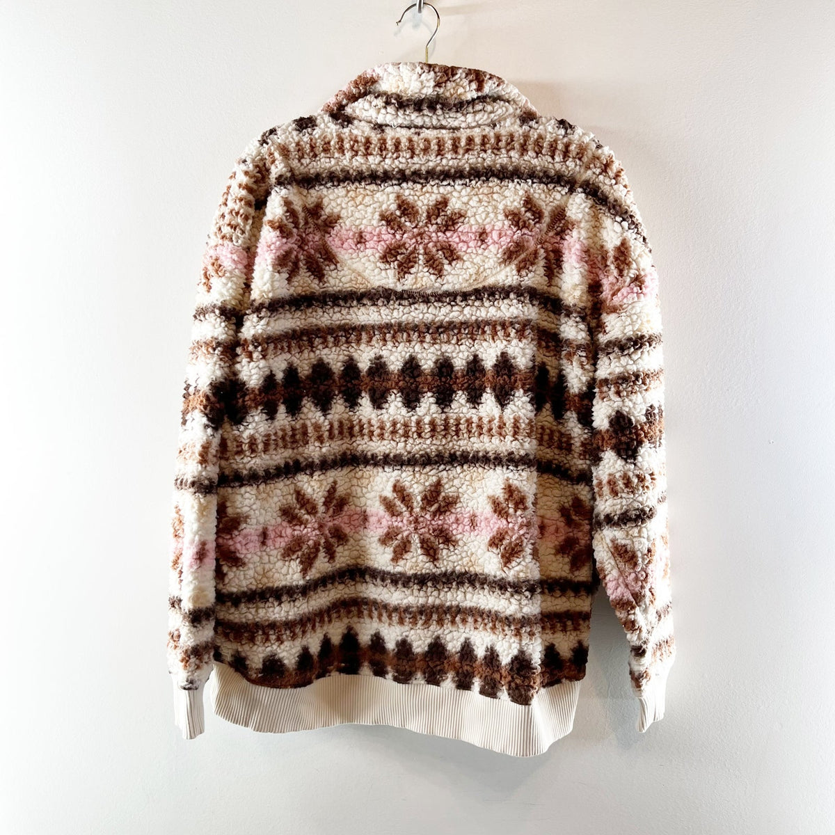 Aerie Hometown Holiday Fair Isle Half Zip Sweatshirt Cream Brown Small