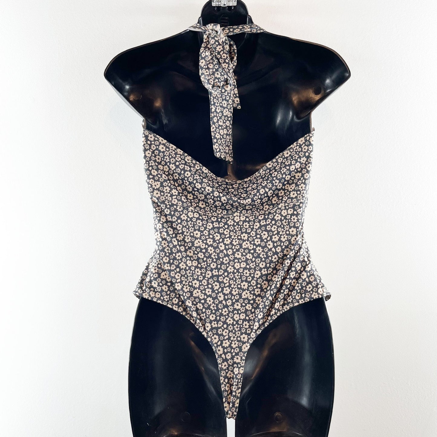 Free People Talk Back Square Neck Floral Halter Bodysuit Tank Top Black Medium