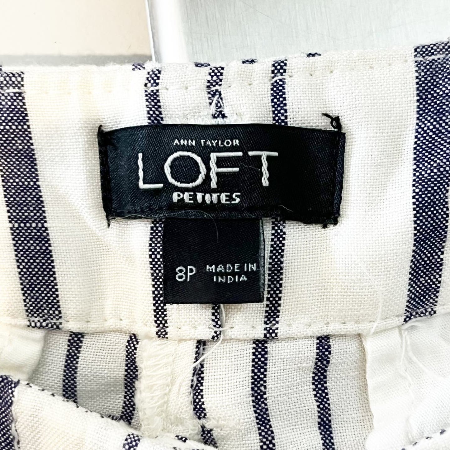 LOFT Striped Linen Blend Ankle Belted Pants White Blue 8 Petite