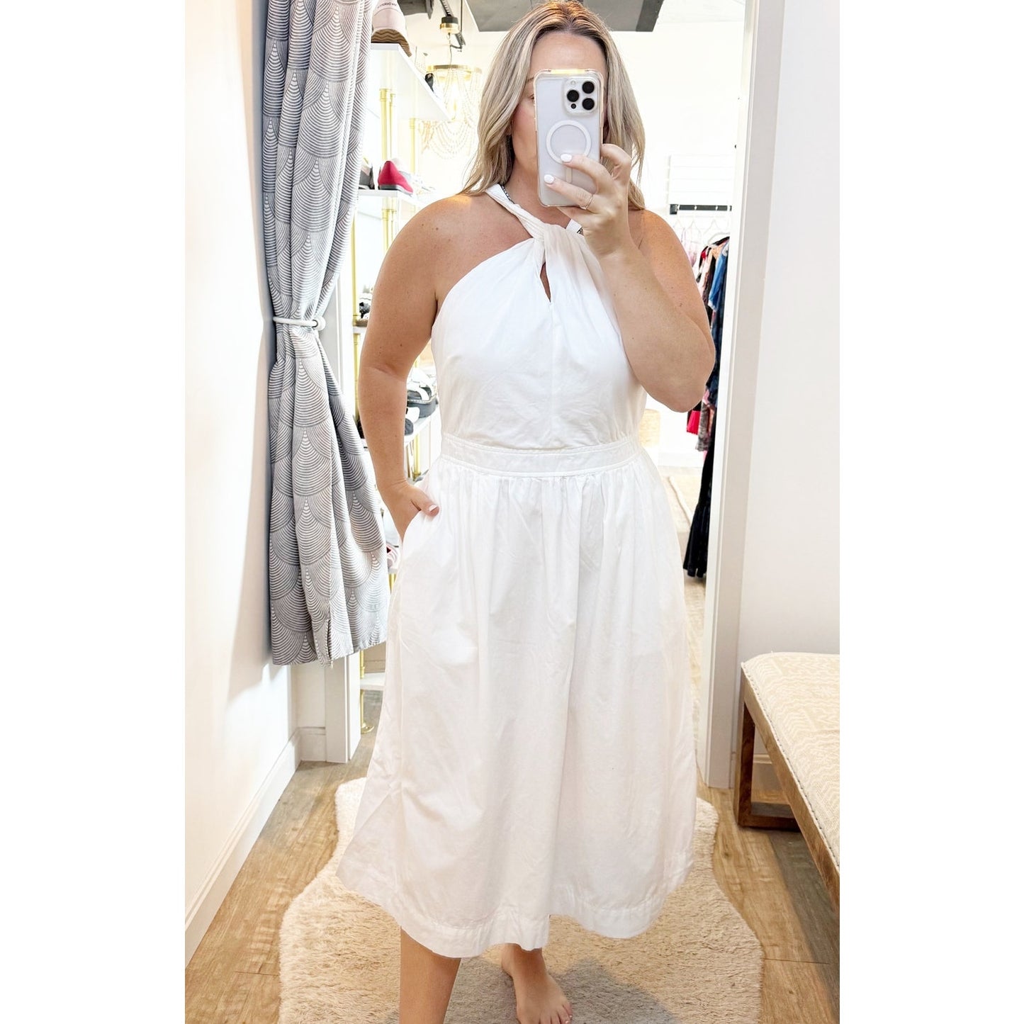 Free Assembly Cotton Sleeveless Halter Neck Fit & Flare Midi Dress White XL