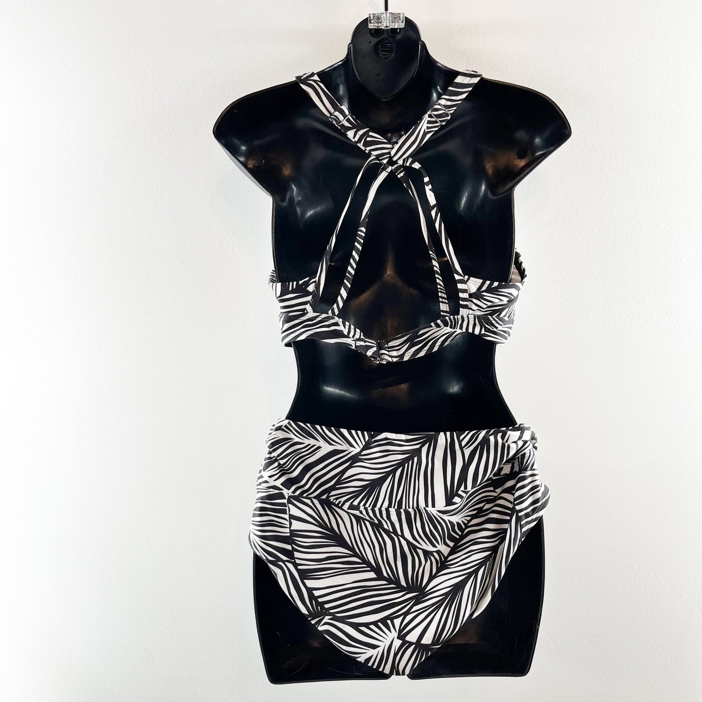 Next Leaf Print High Waisted Two Piece Bikini Swimsuit Black White Medium